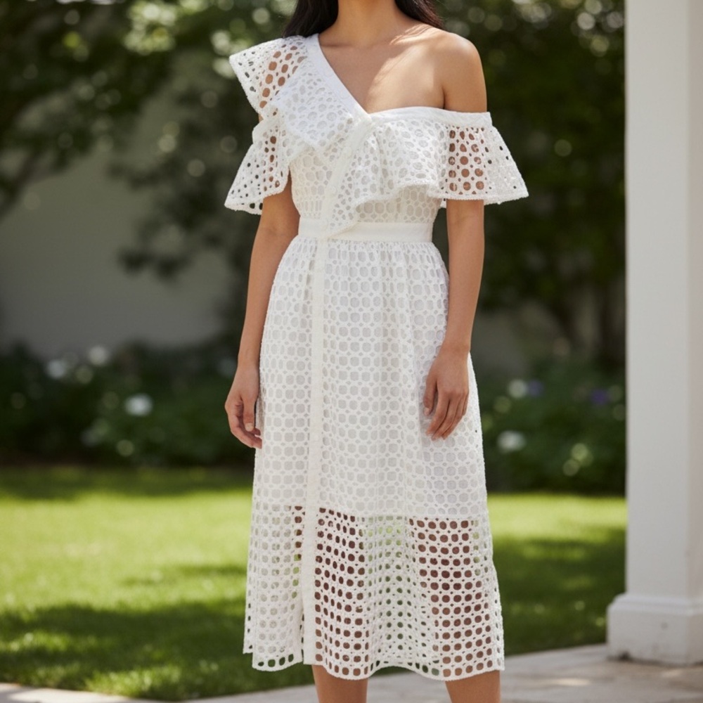 Self-Portrait White Guipure Lace Midi Dress | US 4